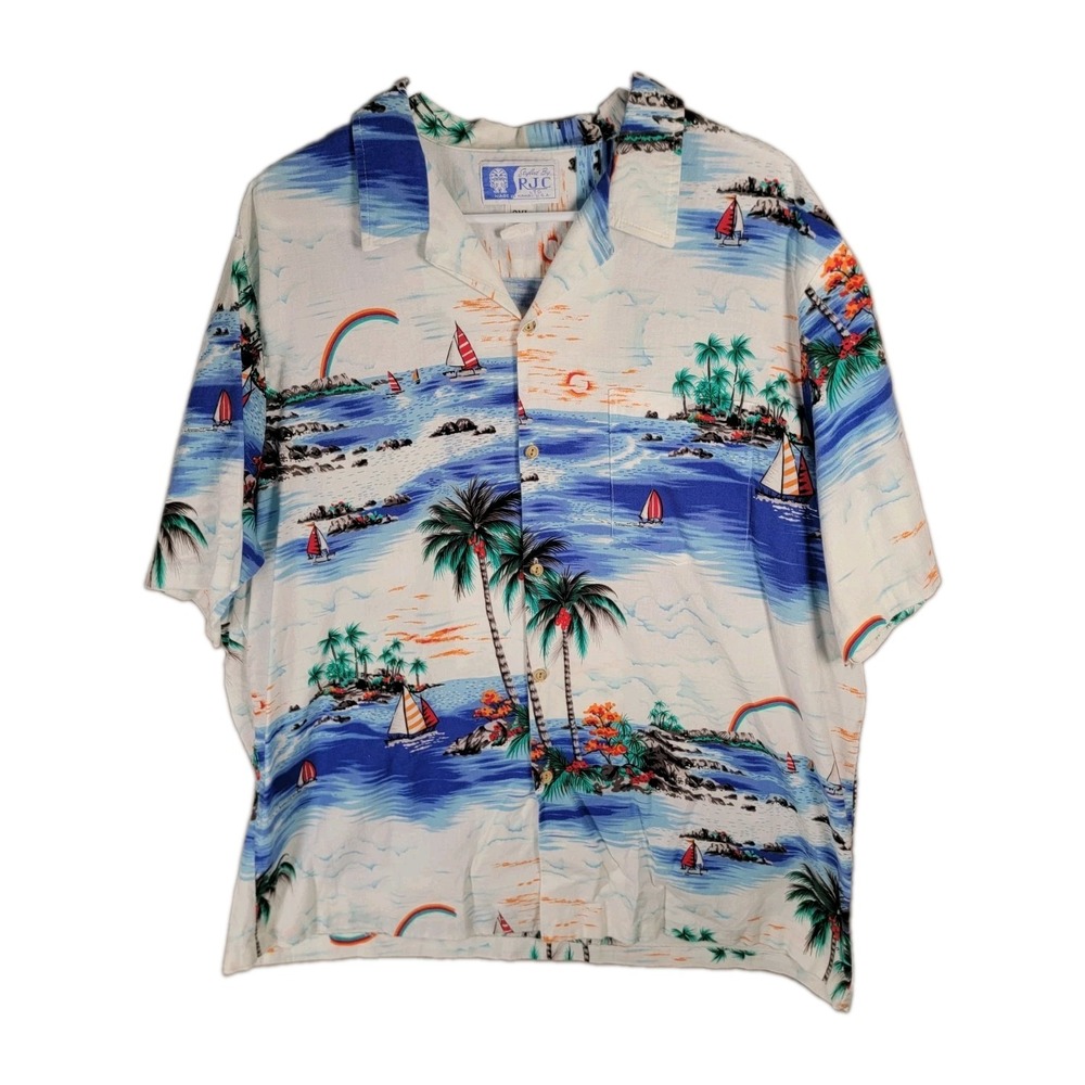 RJC Hawaiian Shirt Mens 2XL Aloha Tropical Beach Sailboat Rainbow Cotton Hawaii